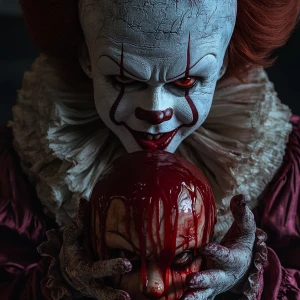 Sinister clown that strongly resembles pennywise is holding a li...