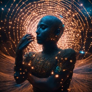 A mysterious extraterrestrial being, covered in intricate glowin...