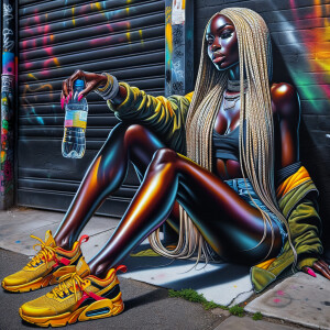 Street art style ebony skin tone woman sitting on the sidewalk d...