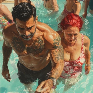 hyperrealistic painting 1:1,a muscular, tattooed, and pierced ma...