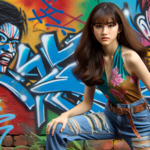 teenage girl, long brown hair and bangs, wearing tight skinny jeans and a halter top paint marks on her clothing, heroic pose Asian graffiti background, nearing on one knee