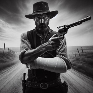 An old west gunslinger standing in a dusty road facing the camer...
