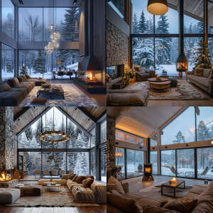 A nice house in the living room see through window snowing with...