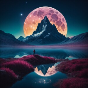 Lobo with moon and mountain with lake shine. And a lot of starts