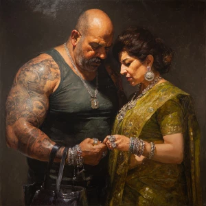 Hyperrealistic oil painting.a muscular beefy tattoed gujarati sw...