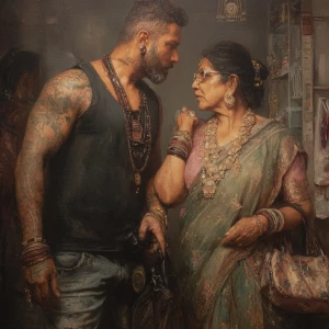 Hyperrealism oil painting.a muscular beefy tattoed gujarati swea...
