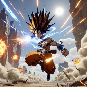 Goku showcasing his signature moves in a dynamic battle scene.