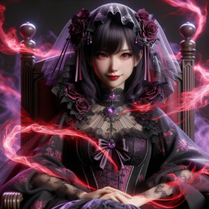 A woman named lilith wearing elegant gothic lolita dress  sitting on the thrones, red purple aura, smirk evil, 3D, humanlike