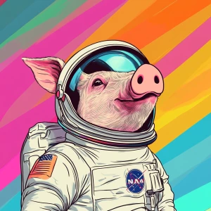 Cute cartoon pig in vintage white spacesuit and NASA style helme...