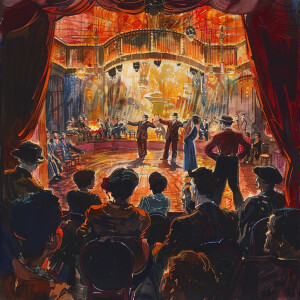 A vibrant scene unfolds in a 1920s theater, with the audience ca...