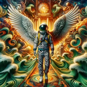 A Distorted Imagination Dmt art of an Angelic winged astronaut,...