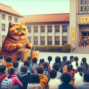 Photorealistic A fat orange adorable cat eating snacks in front...