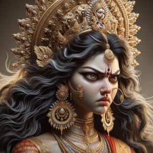 Side view portrait of extremely angry goddess durga. intricately detailed depiction of a goddess. gold jewelry all over body. sharp nose, light skin, beautiful brown eyes, wavy black hair, ultra detailed face. Wearing red saree, a lot of gold ear piercings, huge gold crown. uhd, hdr, 64k, epic, ultra detailed face, photography, 8k, UHD