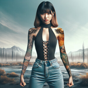 Thin Asian teen girl wearing tight jeans and a halter top Long brown hair and bangs, tattoos on her arms, athletic heroic pose