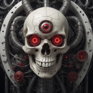 A biomechanical skull with a scythe-like horn curving forward, g...