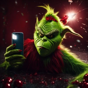 a hyperrealistic scene of the Grinch posing for a selfie, exagge...