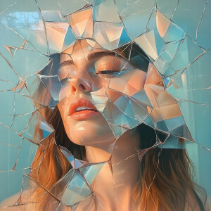 A woman standing in front of a cracked mirror, with her reflecti...