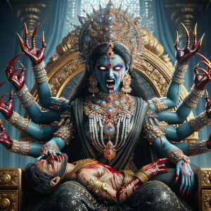 portrait of angry looking, four-armed indian goddess blue skinned sitting on a gold crown and carrying a weak mahishasur on her lap and poking his abdomen with her amazingly long red fingernails . She is wearing diamond armor, a huge diamond crown, black saree, abundant  diamond jewelry, covered in blood. The scene is set in ancient India. The image is 8K resolution, cinematic, photography, ultra detailed face and epic.