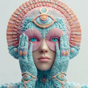 A woman with huge eyes and multiple arms, symmetrical body, colo...