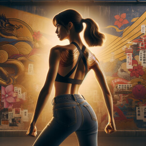 Athletic Thin skinny Attractive, Asian teenage girl, long brown hair and bangs, wearing tight skinny jeans and a halter top paint marks on her clothing, heroic pose Asian graffiti background, backside view