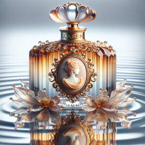 Craft an intricate digital artwork featuring an elegant perfume...