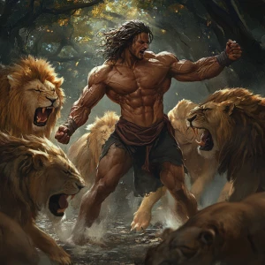 Create an image depicting a muscular Daniel battling lions after being thrown in the lions den