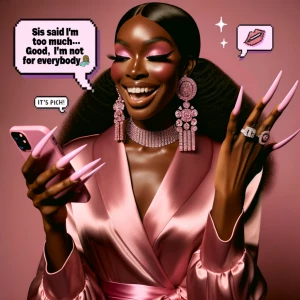 African American Baddie in a satin pink wrap dress, bling earrin...