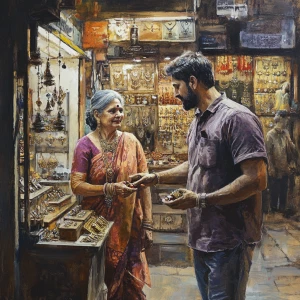 Realism art .A man walking witth his 58 years old rajasthani m...