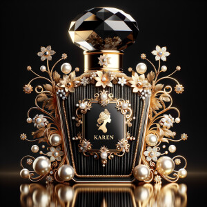 Design a fancy, black and gold bottle of perfume in the shape of a woman’s body. With a golden diamond top, flowers pearls and Diamonds in the name, Karen