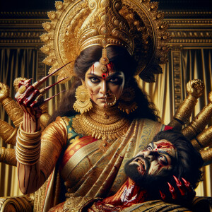 portrait of extremely angry looking goddess durga sitting on a gold crown and carrying a weak mahishasur on her lap and poking him with her amazingly long red fingernails. She is wearing gold armor, a huge gold crown, gold saree, abundant  gold jewelry, covered in blood. The scene is set in ancient India. The image is 8K resolution, cinematic, photography, ultra detailed face and epic.