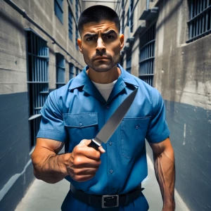 An inmate clad in LA County Jail blue uniform brandishing a knif...