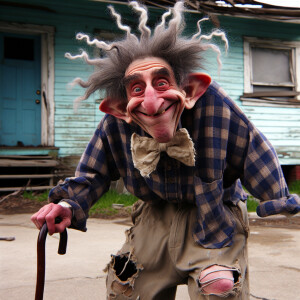 Comical whimsical guy with hair coming out of his ears, goofy sm...
