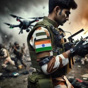 Indian soldier with an arm patch depicting the flag of India ope...