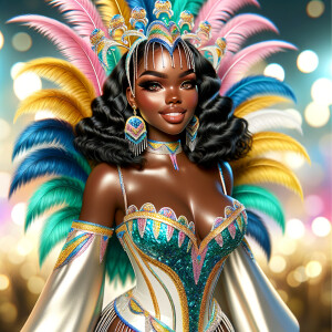 Create a 3-D  vivid full-body view of a colorful glossy hyper-realistic oil painting of a detailed illustration full length photo single image of a beautiful African-American caramel skinned woman plus sized, with long, black, wavy hair, her make up is airbrushed and flawless, she is dressed in a white, teal and yellow large, elaborate, elegant, very detailed carnival costume with colorful African-American pink, blue, gold yellow green feathers, flawless makeup, prominent lashes, black peep toe heels, white pixie hair, background bokeh, she is stunning and smiling, digital art.