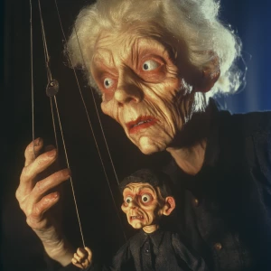 An elderly, haggard blonde woman with pronounced wrinkles and a...