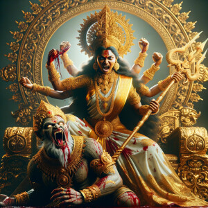 portrait of angry looking goddess durga sitting on a gold crown and carrying a weak mahishasur on her lap and stabbing him with her amazingly designed trident. She is wearing gold armor, a huge gold crown, gold saree, abundant  gold jewelry, covered in blood. The scene is set in ancient India. The image is 8K resolution, cinematic, ultra detailed face and epic.