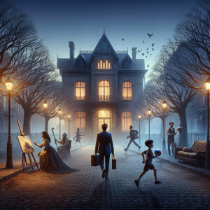 People walk past an abandoned mansion with no lights on