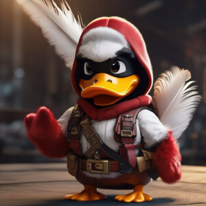 An anthropomorphic duck with white feathers dressed in a fitted...