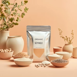 A silver-colored pouch of organic soy milk, centered, sits among...