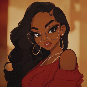 Brown Betty Boop with long wavy hair wearing glasses and urban w...