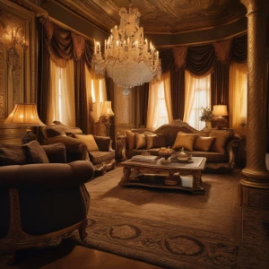 A dramatic depiction of a royal court gathering, with flowing draperies, intricate furniture, and warm, golden light emphasizing the rich textures.