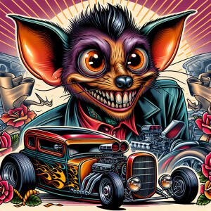 Rat Fink hot rodder in an old school tattoo style