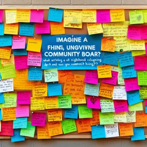 Design a colorful community message board filled with post-it no...