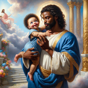 Classical oil painting style depicting an African-American Jesus...