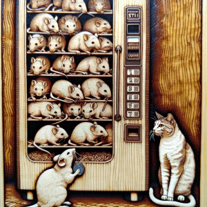 The scene is of a vending machine filled with mice. A cat is out...