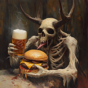 Wendigo eating a big fat cheeseburger and drinking a cold coors...