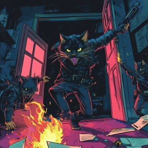 A crime boss cat flipping a table as SWAT-like cats burst throug...