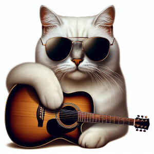 Create a detailed description of a white cat we see his full bod...