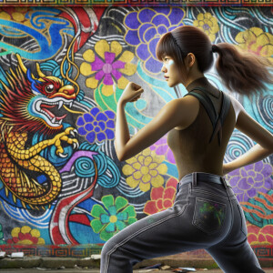 Athletic Thin skinny Attractive, Asian teenage girl, long brown hair and bangs, wearing tight skinny jeans and a halter top paint marks on her clothing, heroic pose Asian graffiti background, backside view