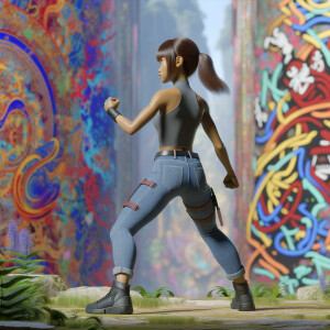 Athletic Thin skinny Attractive, Asian teenage girl, long brown hair and bangs, wearing tight skinny jeans and a halter top paint marks on her clothing, heroic pose Asian graffiti background, backside view